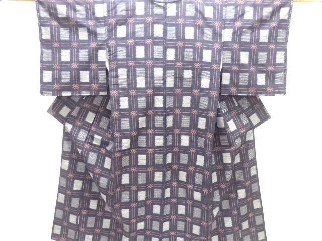 格子に絣柄織り出し手織り紬着物